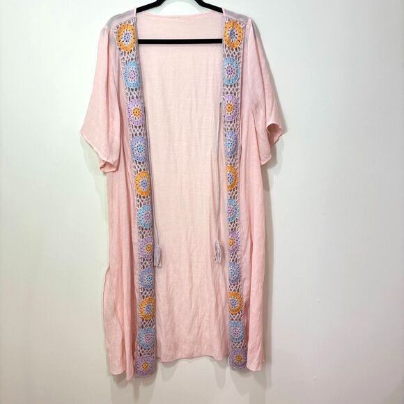 Pastel Pink Sheer Crochet Medallion Kimono Robe Tassel M/L Boho Festival Beachy - Picture 1 of 10